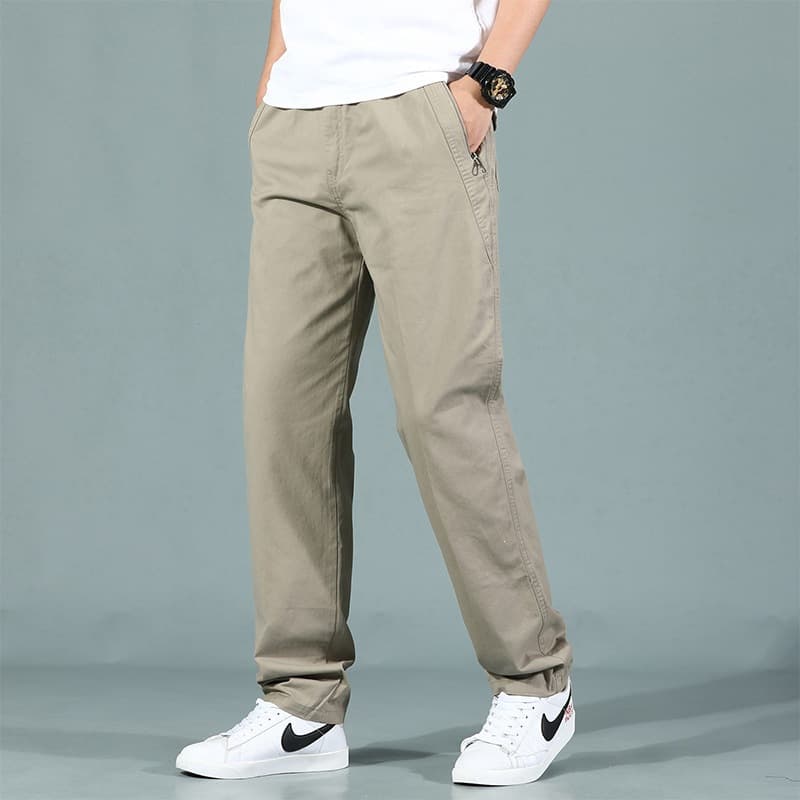 Men's pure cotton trousers spring and autumn new versatile outdoor drawstring elastic waist workwear casual trousers solid color men's trousers