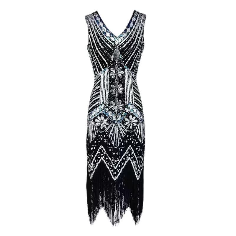 Cross-border Europe and America 1920s Sequin Beaded Fringe Sleeveless V-Neck Dress Fashion Evening Gown Amazon