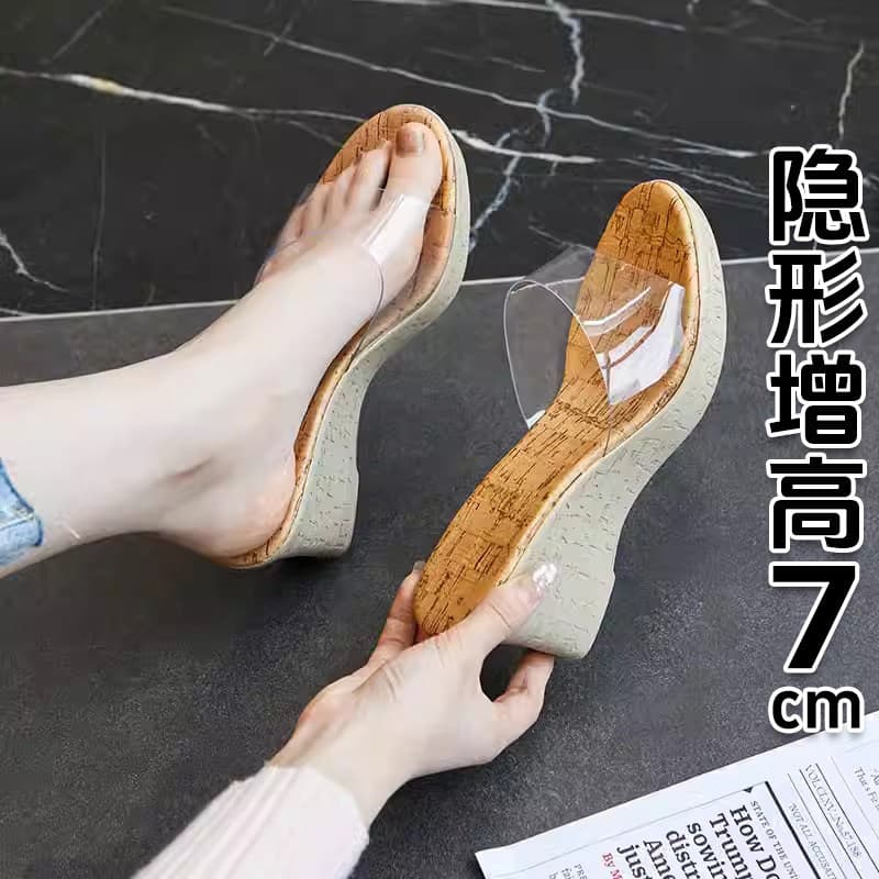 Hong Kong transparent slippers for women summer 2025 new outer sandals sandals wedge heels thick sole high heels waterproof platform