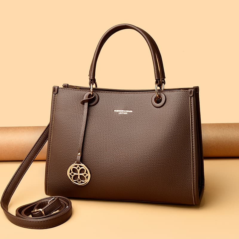 Practical Genuine Leather Women's Bag for Mom, Metal Flower Pendant, Elegant Commuter Briefcase, Versatile and Elegant Shoulder Handbag