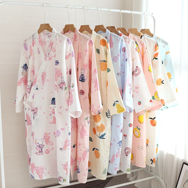 Japanese-style Women's Bathrobe Sleep Dress Long Sleeve Cotton Gauze Summer Autumn Cute Sweat Spa Pure Cotton Pajamas