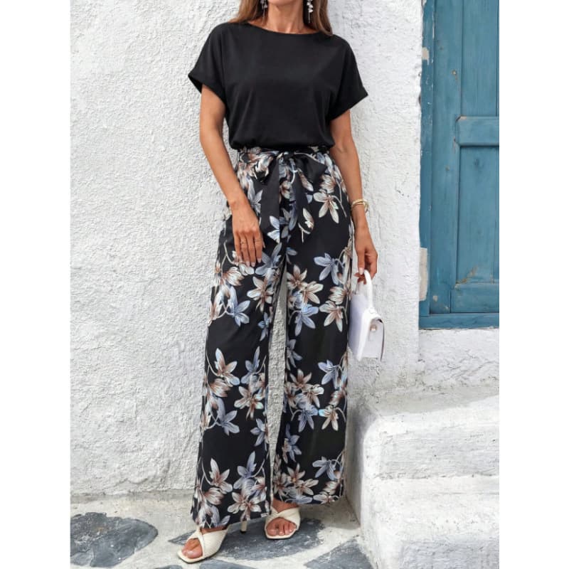 Amazon Cross-border Trade 2026 Summer New Women's Fashion Print Round Neck Patchwork Jumpsuit