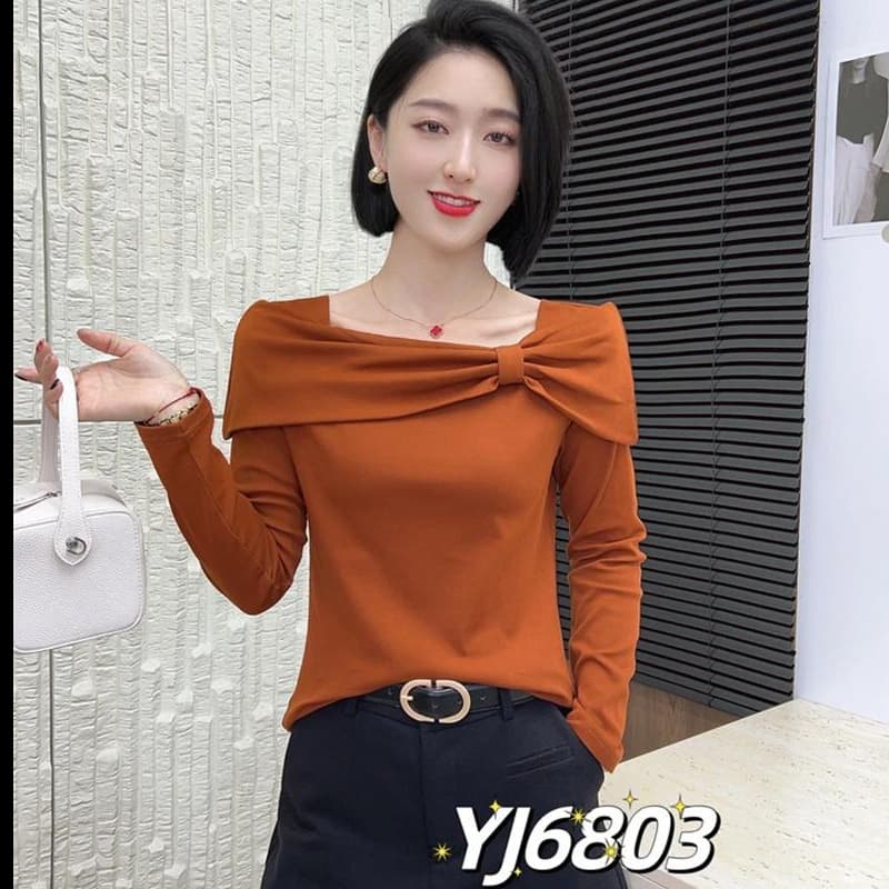 New Autumn Fashionable Long-Sleeve Slimming and Age-Reducing Design Bow One-Shoulder Casual Versatile Top for Women