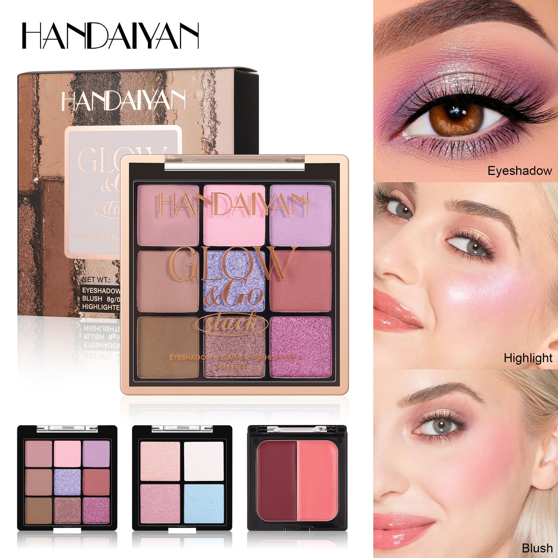 Cross-border eye shadow, blush and highlight three-in-one HANDAIYAN eye shadow palette, three-layer comprehensive palette, highlight blush palette