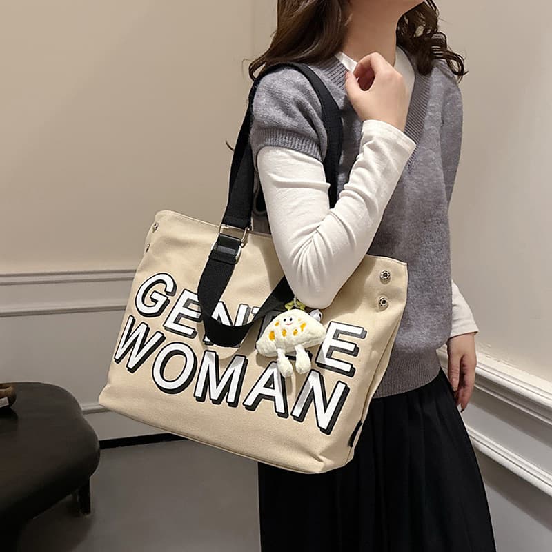 Casual Canvas Tote Bag Single Shoulder Letter Print Street Style Trendy Large Size Zipper Closure Soft Fabric Daily Match Bag