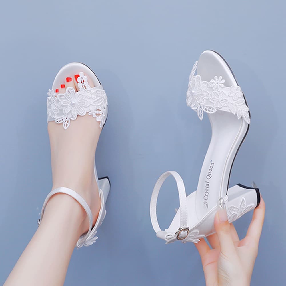 7cm Chunky Heel Shallow Mouth One-Strap Sandals, Round Toe Square Heel Sandals, Cream White Satin Flower Beaded Bride Wedding Shoes