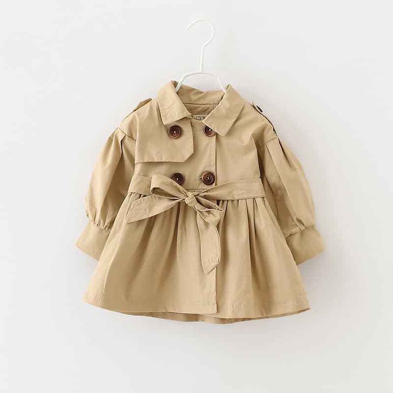 [Children's Coat] 2024 Autumn New Girl's Coat Size 80-110, Turn-Down Collar Solid Color Long Sleeve Trench Coat for Drop Shipping