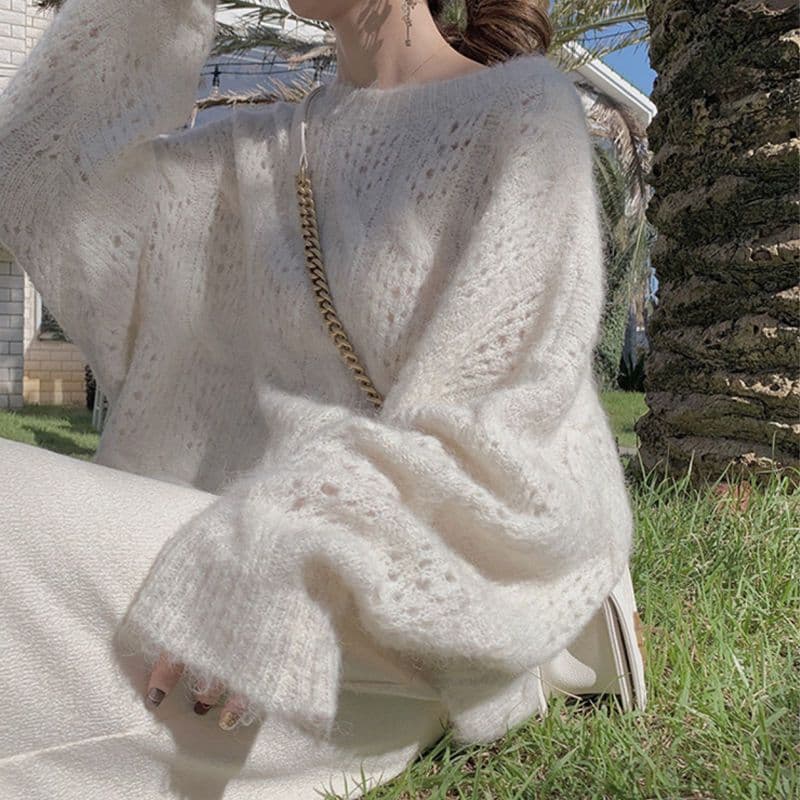 Gentle Style Mohair Sweater for Women, New Loose and Versatile Lace-Knit Top for Spring/Autumn