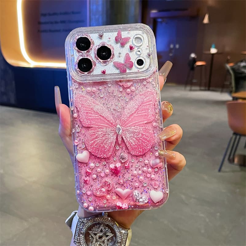 Strobe Pink Butterfly Case for iPhone 17 Pro Max, 14 Apple 16 Full Diamond Glitter 15 Premium Look