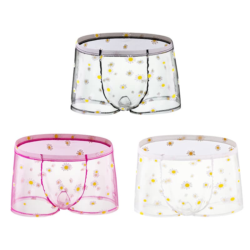 Men's Mesh Underwear Transparent Daisy Patterned Boxer Shorts Breathable Polyester Fabric Mid Waist Four Corner Shorts