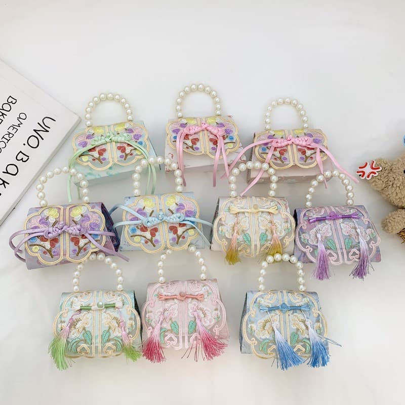 New Children's Bag Pearl Handbag National Style Fashionable Princess Little Girl Crossbody Bag Girls' Chain Shoulder Bag