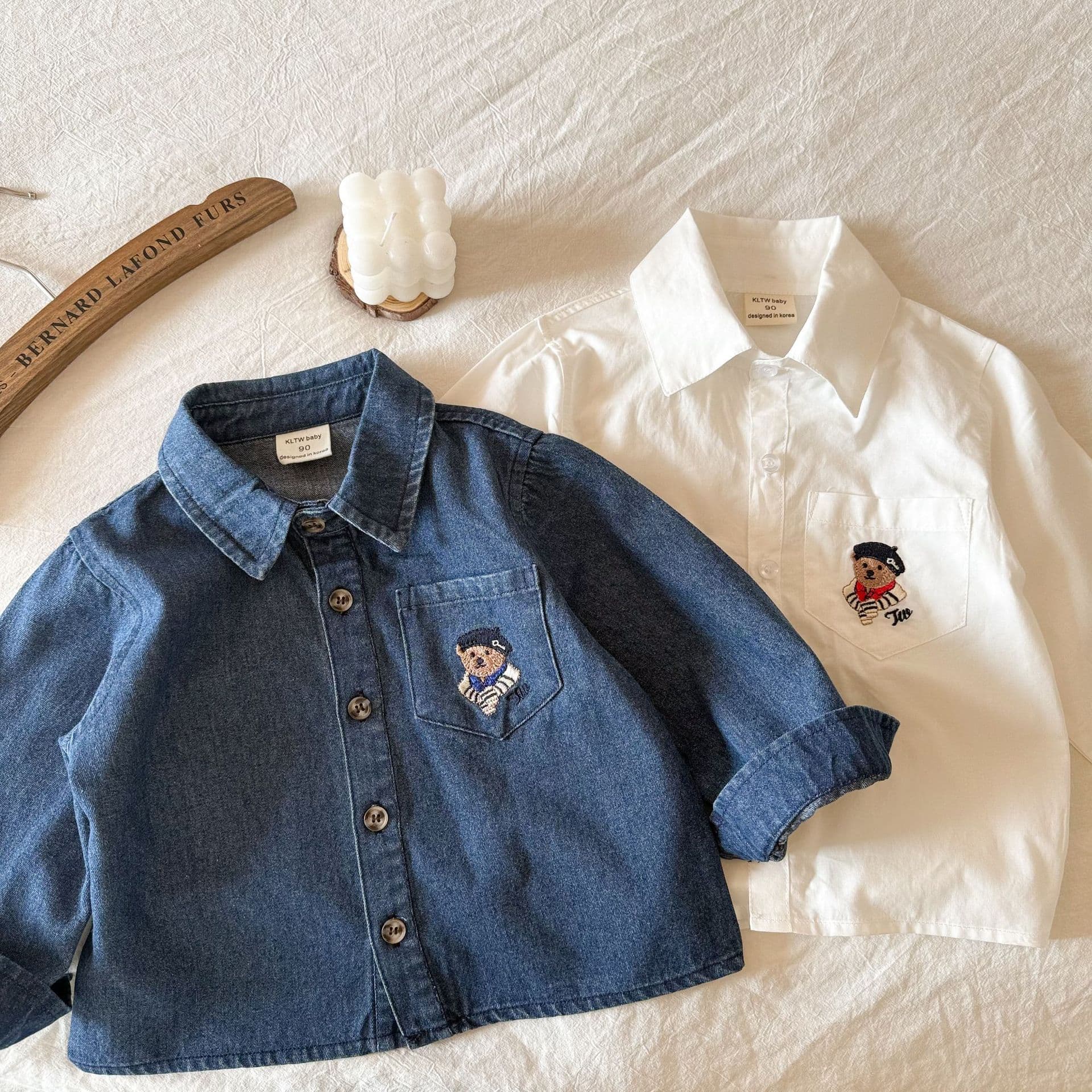 Children's Shirt 2025 Spring/Autumn New Unisex Top Baby Cartoon Denim Top Little Bear White Shirt