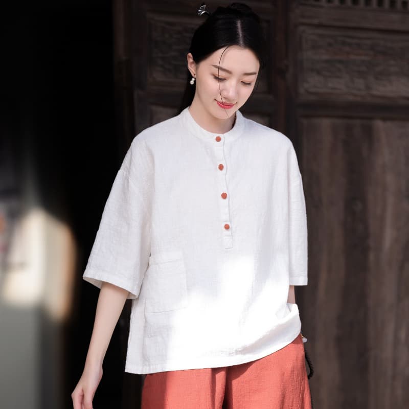 Cotton and linen women's new products 2026 retro national style stand collar color matching plate button short-sleeved tops women's shirts T-shirts
