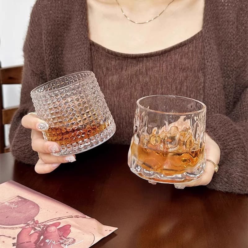 Ins glass cup, stylish water cup, niche coffee cup, whiskey glass, spinning cup, flat-bottomed glass