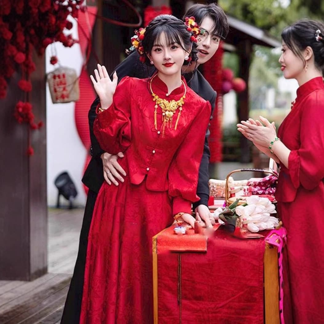 New Chinese Style Wedding Toast Dress Women Bride 2025 National Style Red Engagement Dress Set Guochao Style