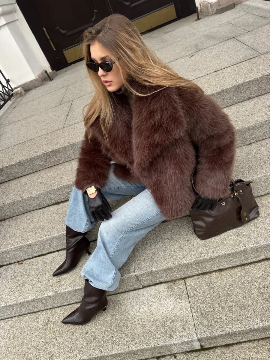 Cross-Border Faux Fur Coat Retro Brown Thickened Fox Fur Coat for Women, Large Lapel Fashion Eco-Friendly Fur Coat