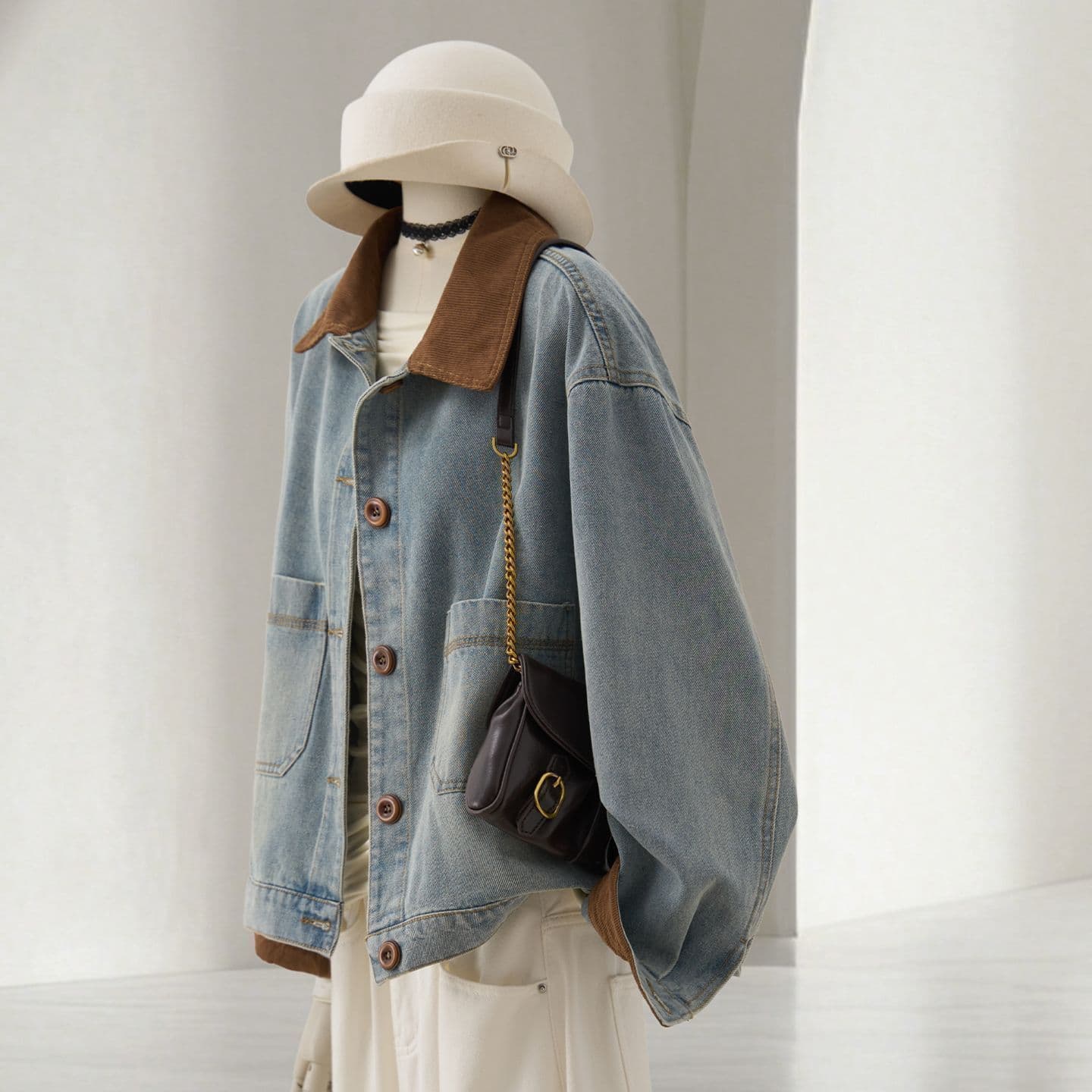 Color Block Turn-Down Collar Denim Short Jacket Women Autumn New Korean Style Corduroy Patch Casual Top with Tag