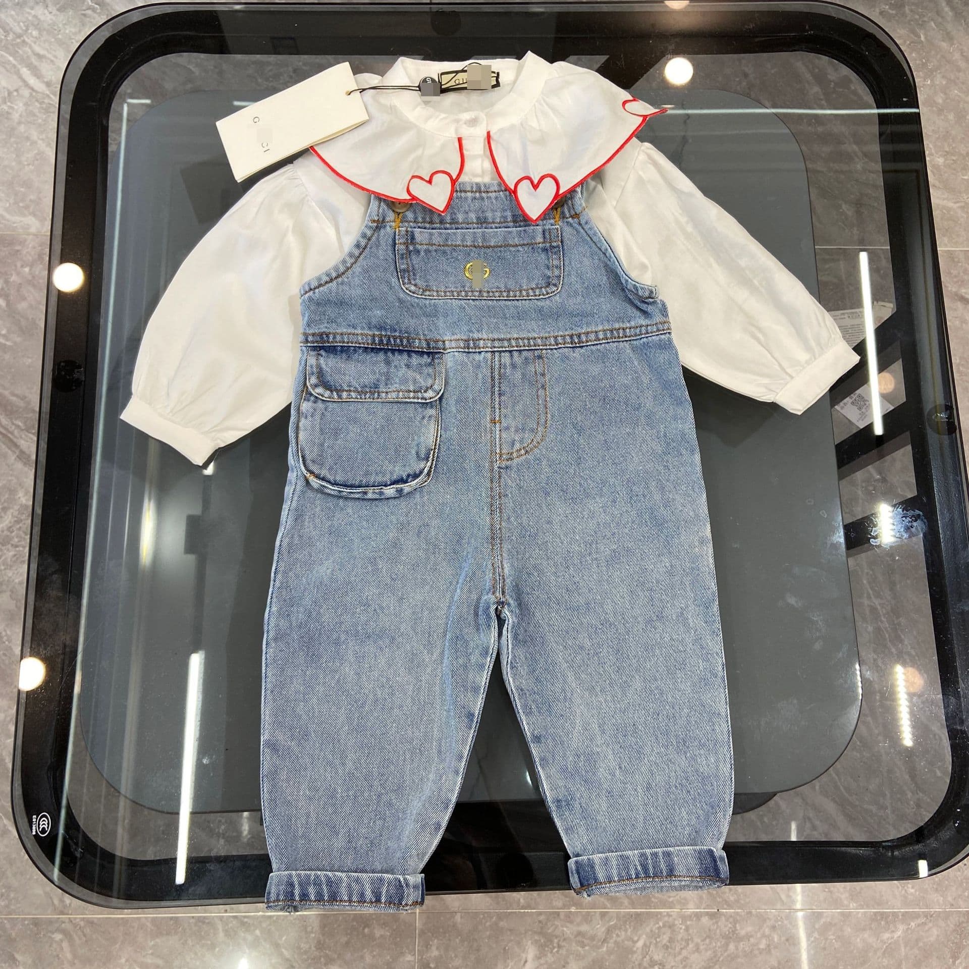 Kids Girls Overalls + Long-Sleeve Shirt 2-Piece Set Spring/Fall Children's Jeans Loose Trendy Girl Set