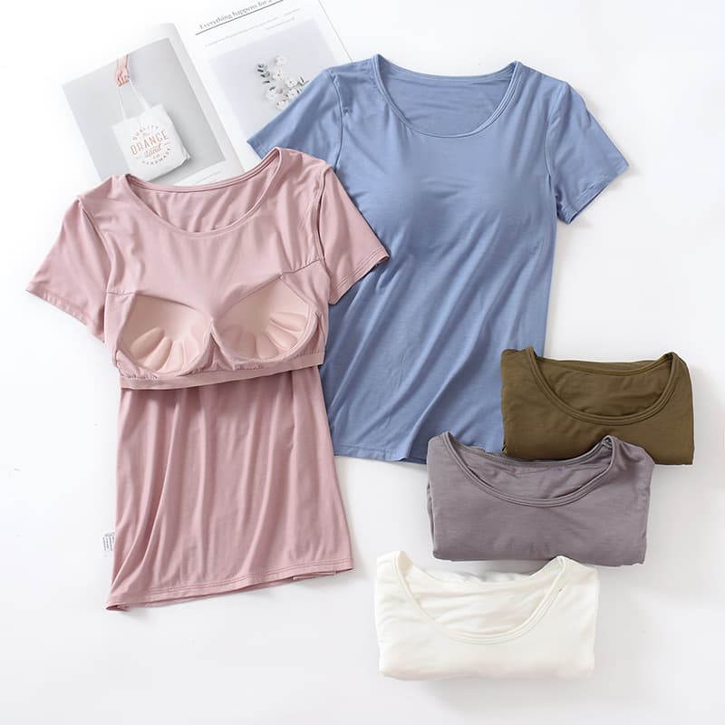 Short Sleeve T-Shirt Women with Built-in Bra Pads Modal Cup-Integrated Slim Fit Base Layer Top Round Neck No Bra Needed