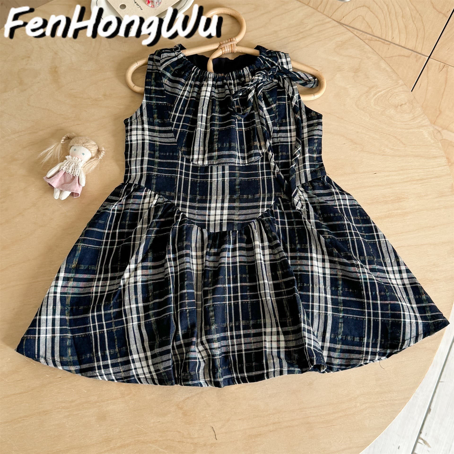 FHW Summer Girls' Stylish Plaid Dress Baby Girl Tie-back Vest Dress Children's Cotton Shirred Skirt