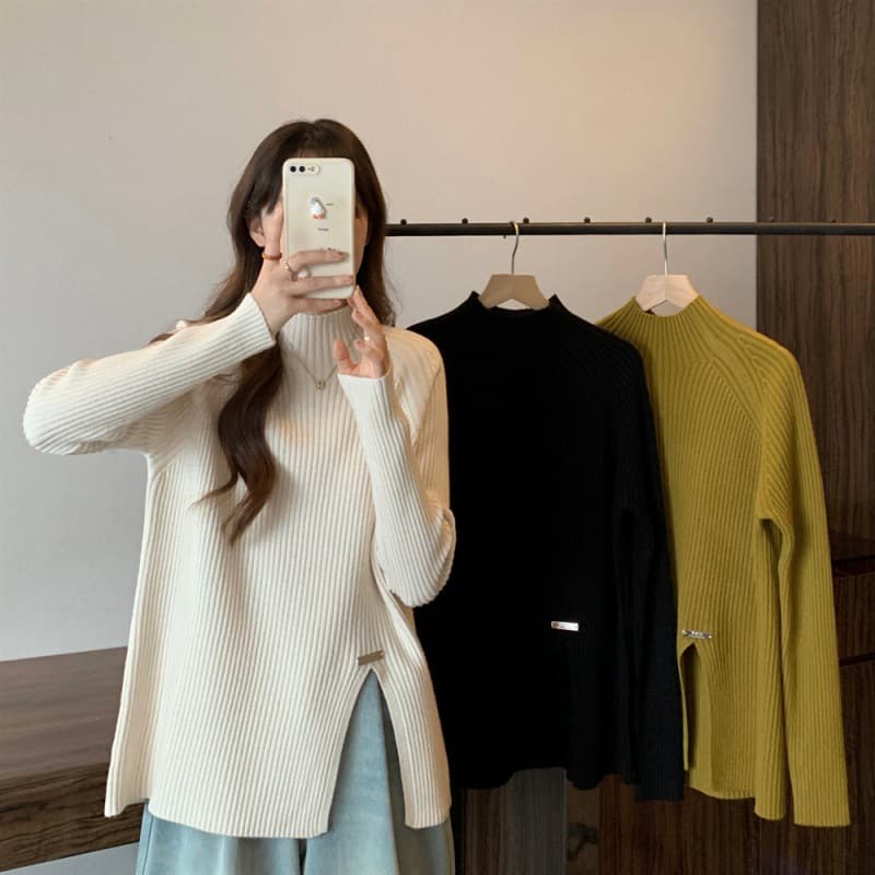Autumn-Winter Versatile New Semi-High Neck Maternity Wear Knitted Top Simple Base Layer Core-Spun Yarn Sweater