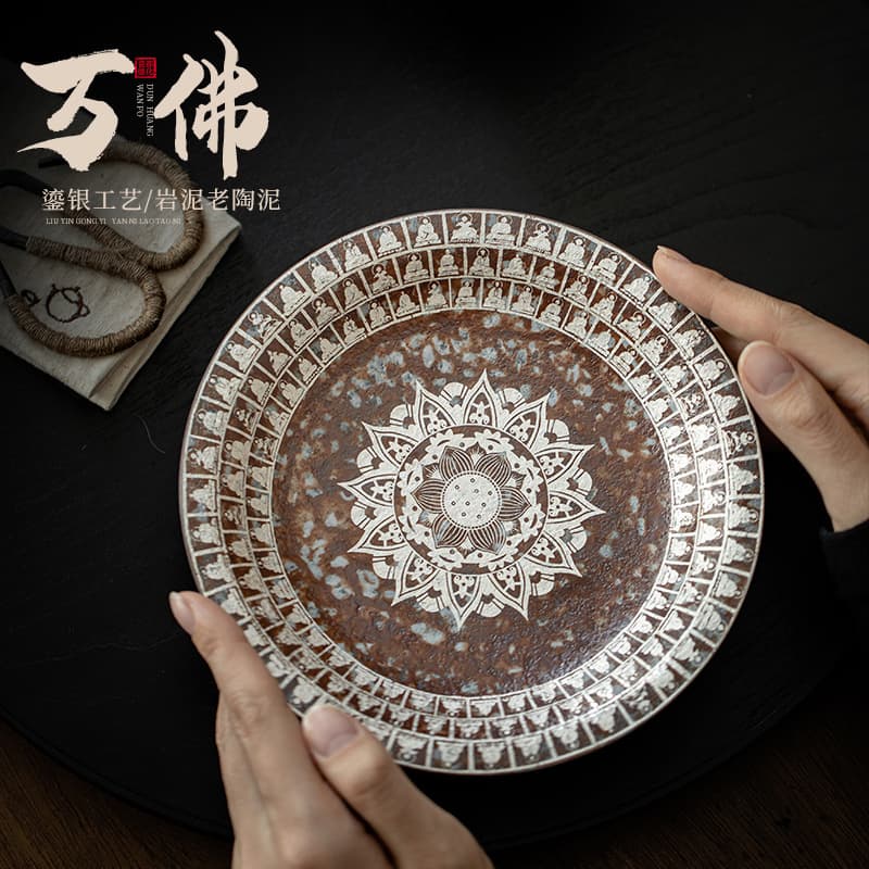 Dunhuang Ten Thousand Buddhas Tea Boat, Ceramic Dry Brewing Tea Tray, Retro Gongfu Tea Set with Snack and Fruit Plate