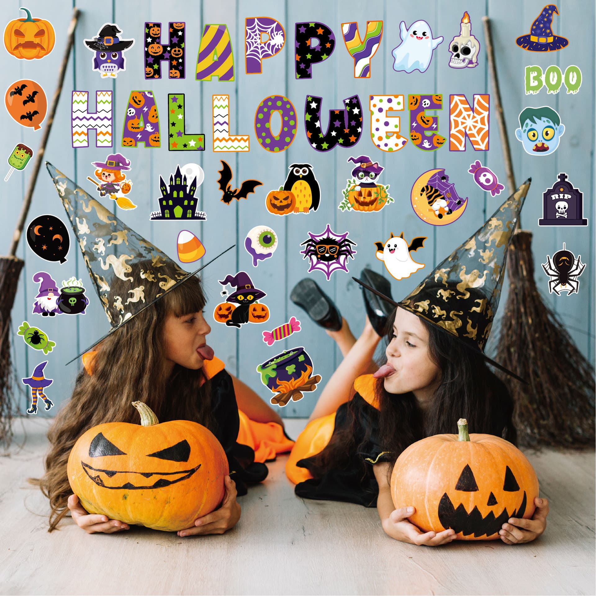 Halloween Party Background Set Cardboard Skeleton Happy Halloween Bulletin Board Decoration Wall Stickers
