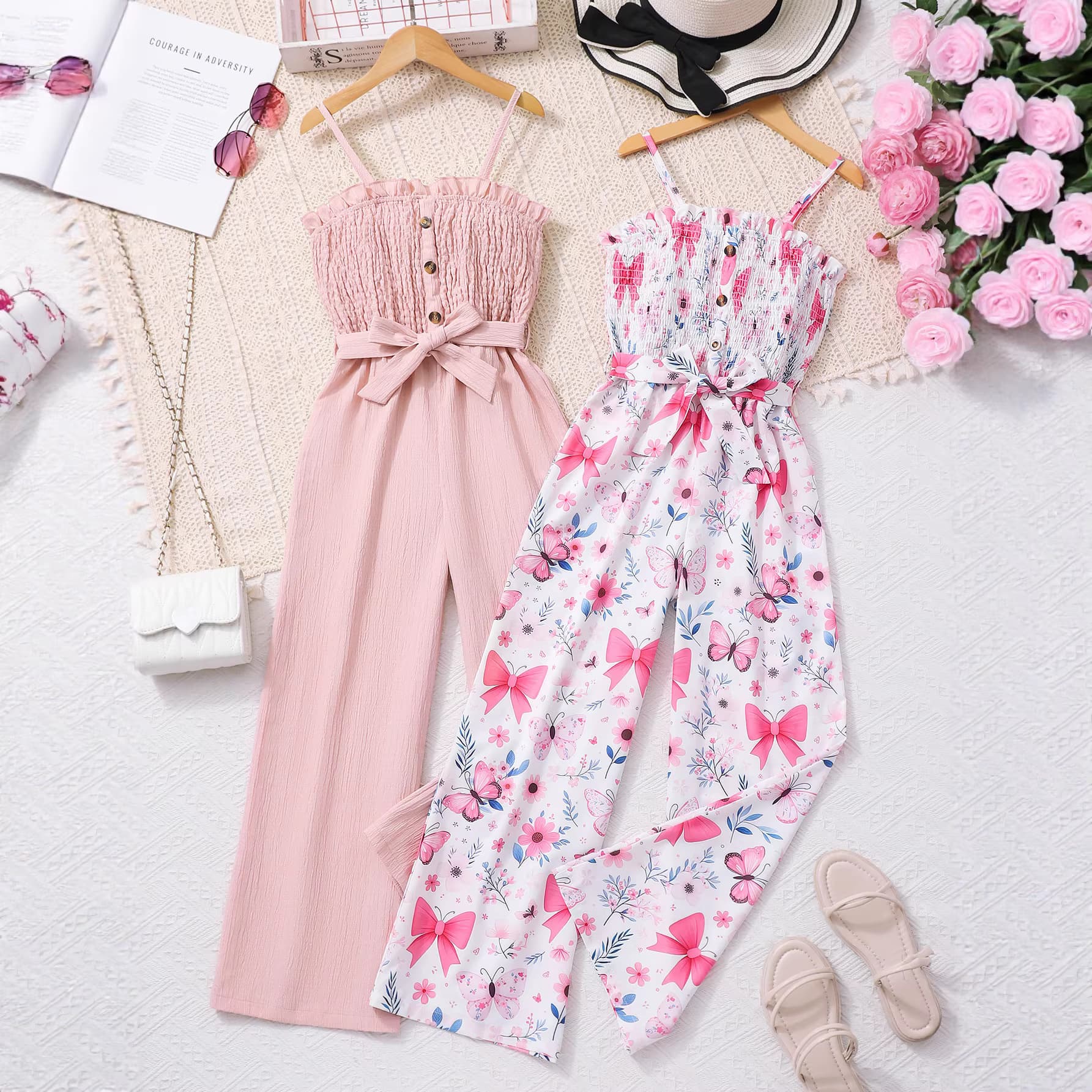 Cross-Border Foreign Trade Girls' Clothing for Ages 8-12, Two-Color Woven Floral Suspender Buttoned Jumpsuit, Two Pieces Per Set