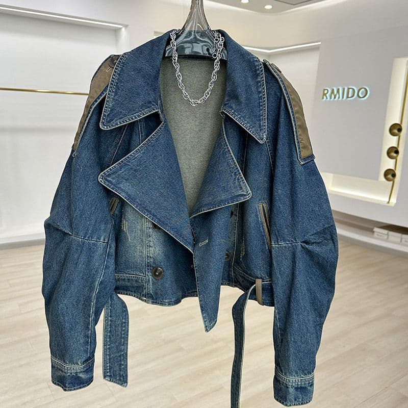 Vintage Old-style Leather Denim Short Coat Women's Design Sense Niche Casual Loose Short Western Style Top for Small People