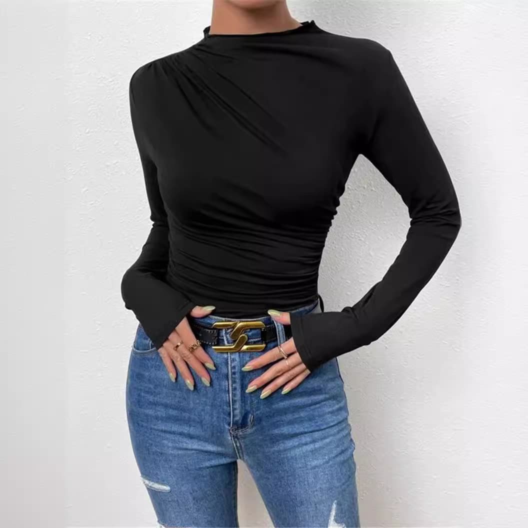 2026 Cross-border Europe and America Solid Color Slim Fit Base Layer Long Sleeve T-Shirt for Women with Pleated Design