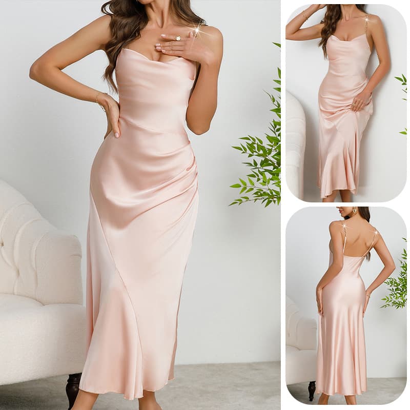 French Light Luxury Satin Elegant Slip Dress Chain Strap Waist-cinching Fishtail Dress Women's Elegant Long Dress 899