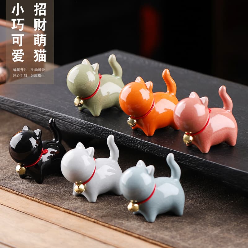 Ge Kiln Creative Cat Mini Ornament, Ceramic Cute Maintainable Tea Pet, Minimalist Tea Accent for Home Desktop Craft