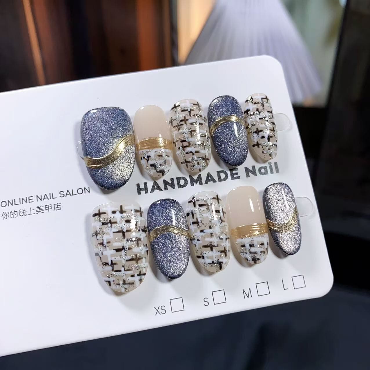 [1106] Small Fragrance Style Handmade Press-On Nails High-End Cat Eye Brightening Short False Nail Tips Light Luxury