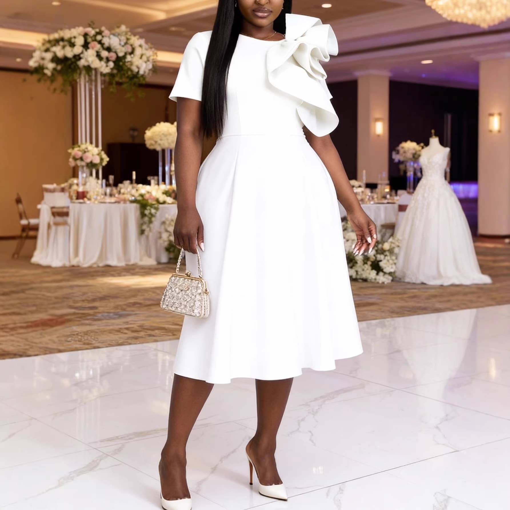 Plus Size Women's White 3D Bow Dress Short Sleeve Waist Cinching Slimming Elegant Banquet Gown Dress