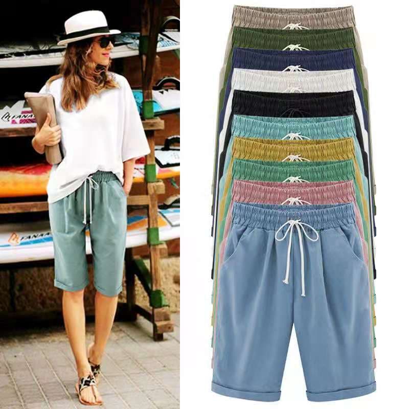 Loose Summer Casual Pants Women's Thin Five-Point Pants High Waist Wide Leg Cotton Blend Fabric Fresh Sweet Style plus Size