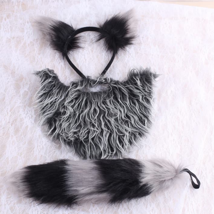✅ Cross-Border New Animal Ears Cute Plush Gray Wolf Ears Headband Beard Tail Props Werewolf Costume