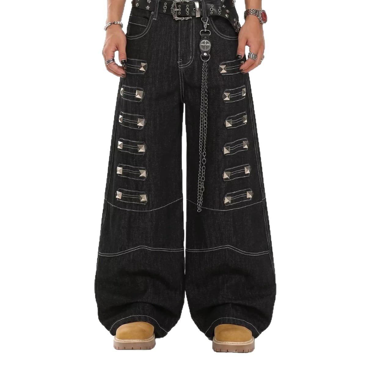 Wide-Leg Jeans for Men, Heavy Metal Rivet Decorative Design, Edgy Hip-Hop Trendy Floor-Length Pants