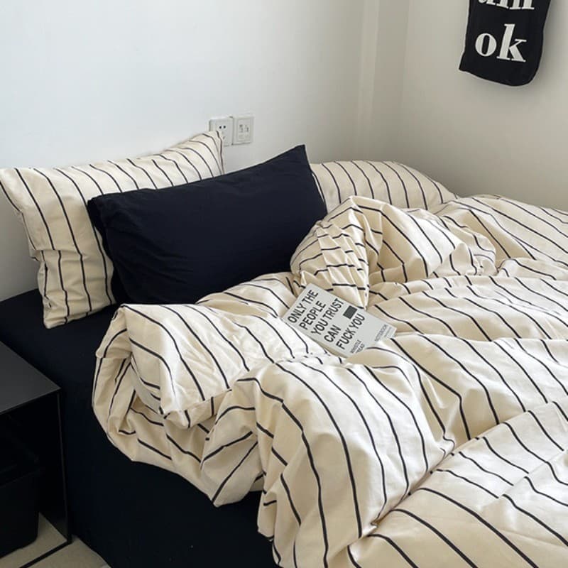 Traveler Slow Heat Black/Ins Geometric Striped Cotton Bed Sheet Four-Piece Set Washed Cotton Bed Sheet Quilt Cover