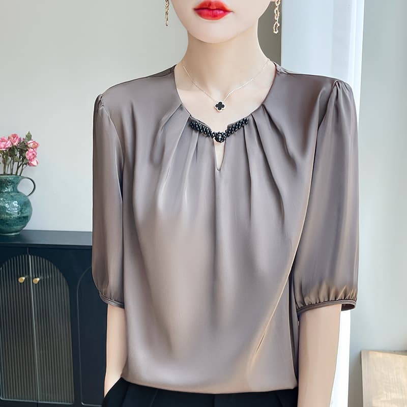 2026 Spring/Summer Women's New Short Round Neck Chinese-style Button Half-sleeve Solid Color Elbow-length Top Acetate Fabric