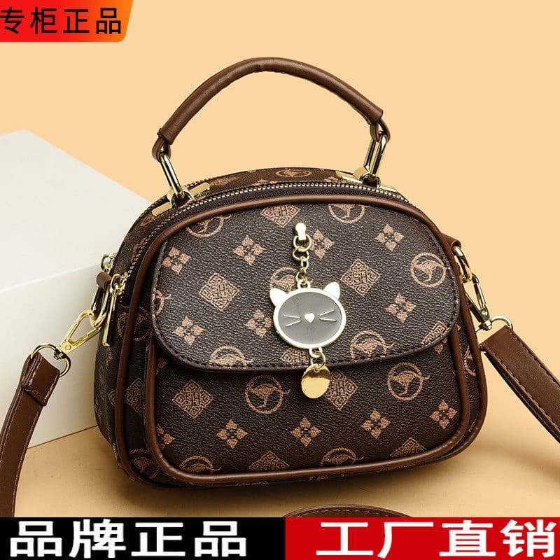 Brand Calfskin Women's Handbag 2025 New Trendy Vintage Monogram Single Shoulder Crossbody Mom Small Round Bag