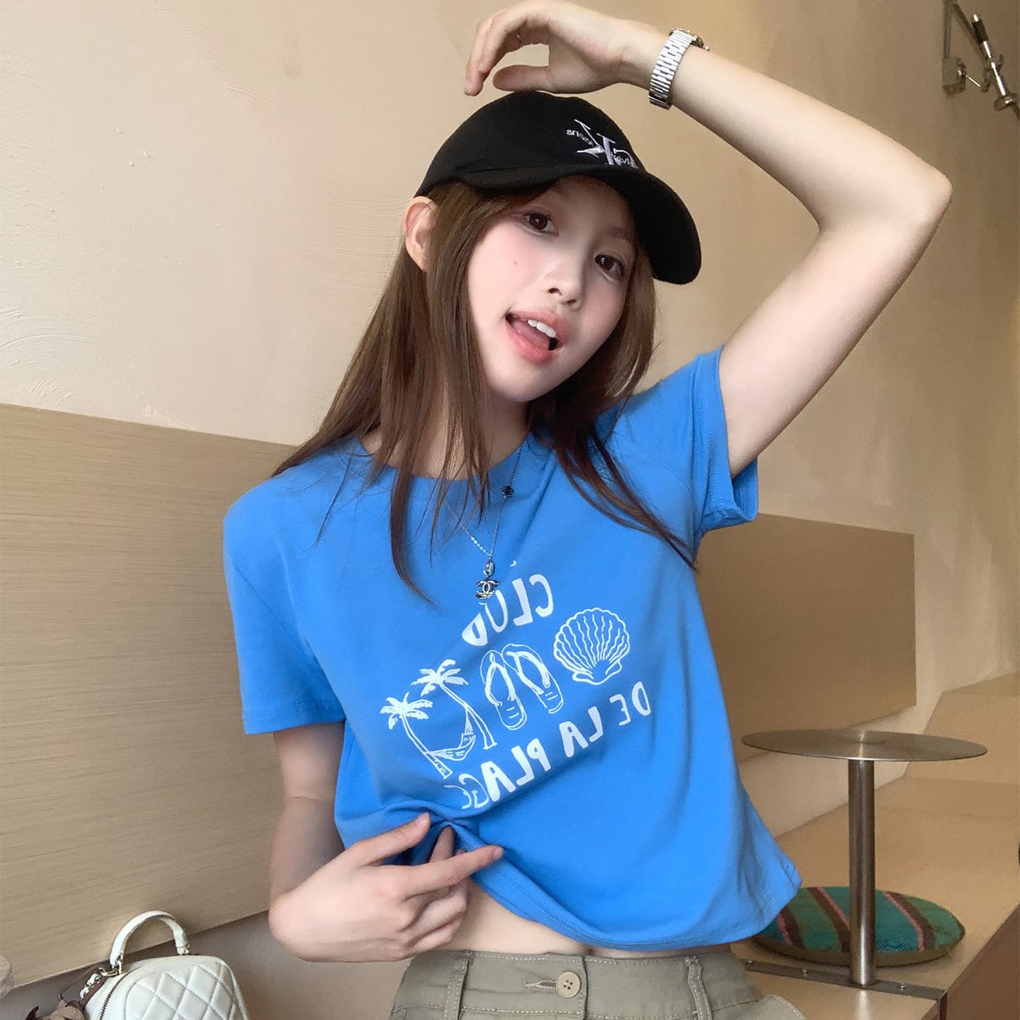 Blue Round Neck Short Sleeve T-Shirt for Women, 2026 Summer New Korean Style Slimming Top