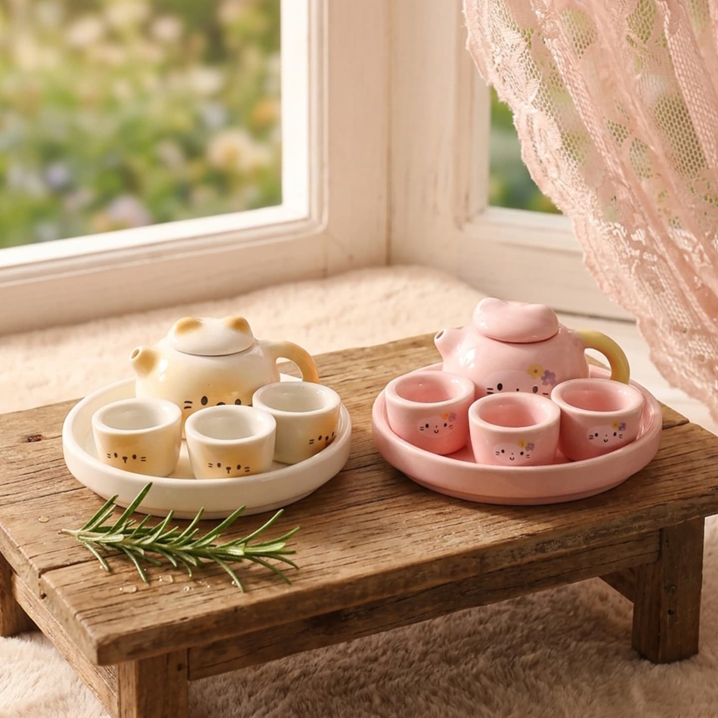 Healing Mini Cat Ceramic Tea Set Full of Girl's Heart Desktop Micro Landscape Ornament Children's Simulation Tea Drinking Toy