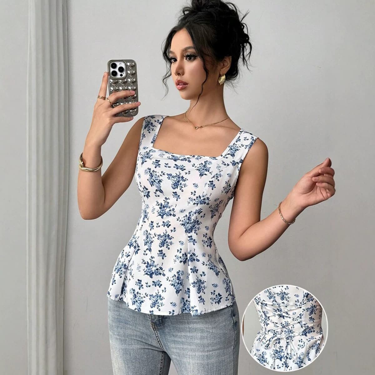Cross-border Amazon eBay Foreign Trade 2025 Summer European and American Vacation Style Floral Vest Camisole Top with Tie Women