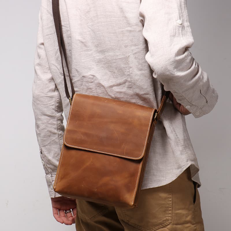 Cross-border Wholesale New Men's Casual Single Shoulder Bag Crazy Horse Leather Crossbody Bag Genuine Leather Handmade Bag Minimalist iPad Bag