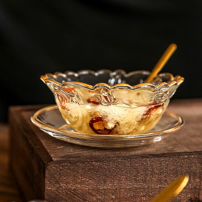 European dessert bowl with golden bird's nest bowl, glass bowl, simple Japanese style household dish set, transparent lace dish spoon