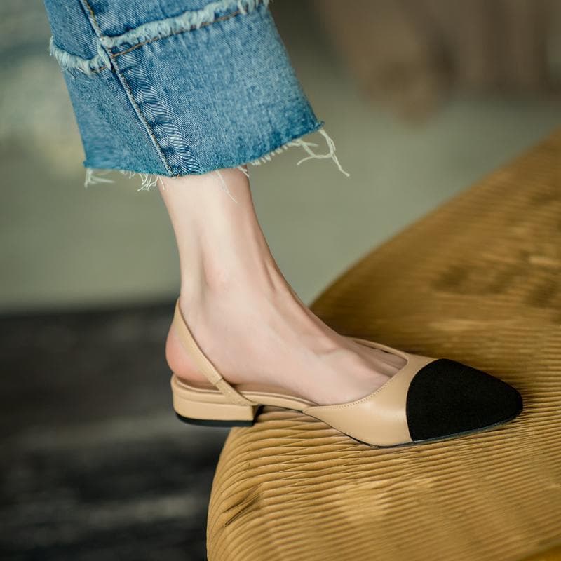 In-Stock Cross-Border Soft Leather Color-Blocked Sandals, Flat Thick-Heeled High Heels, French-Style Chanel Shallow-Mouthed Single Shoes for Women, Spring Mid-Heel