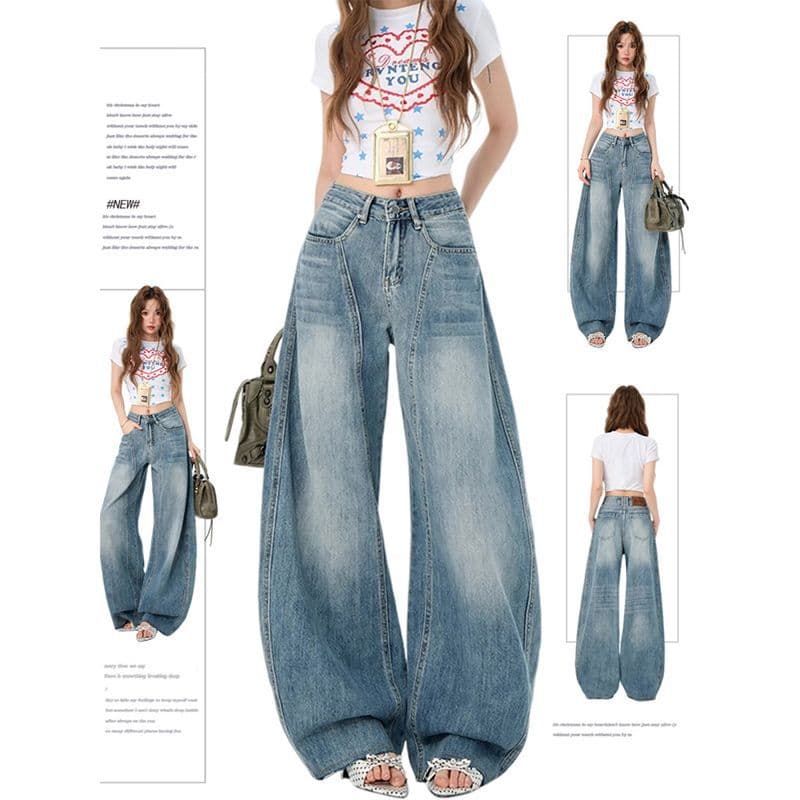 Vintage Washed Blue Jeans for Women 2026 Spring New American Loose Plus Size Jeans Versatile High-Waist Commute