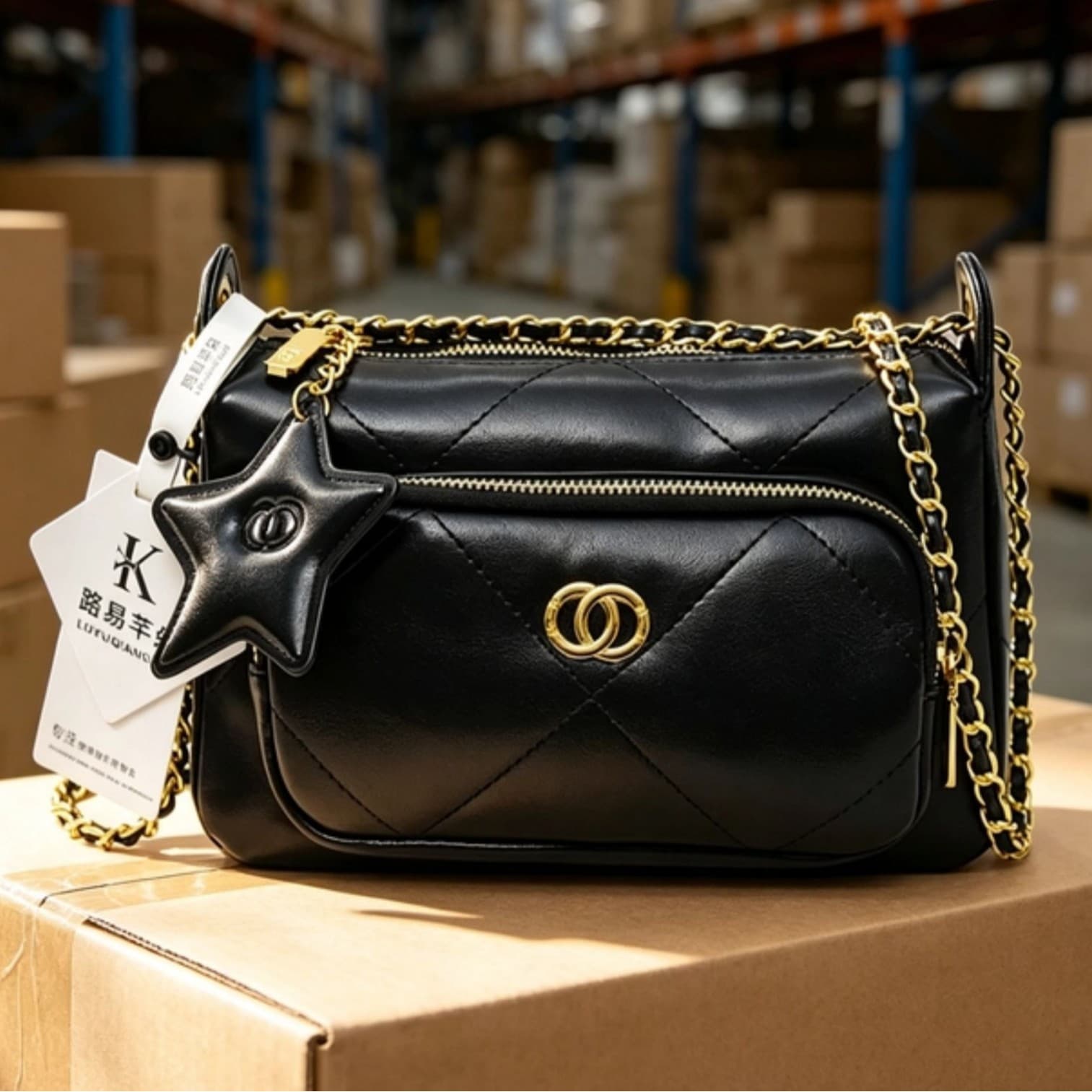Export Source Chanel-Style Camera Bag for Women, Large Capacity Soft Leather Quilted Chain Bag with Star Accent, Commuter Underarm Bag