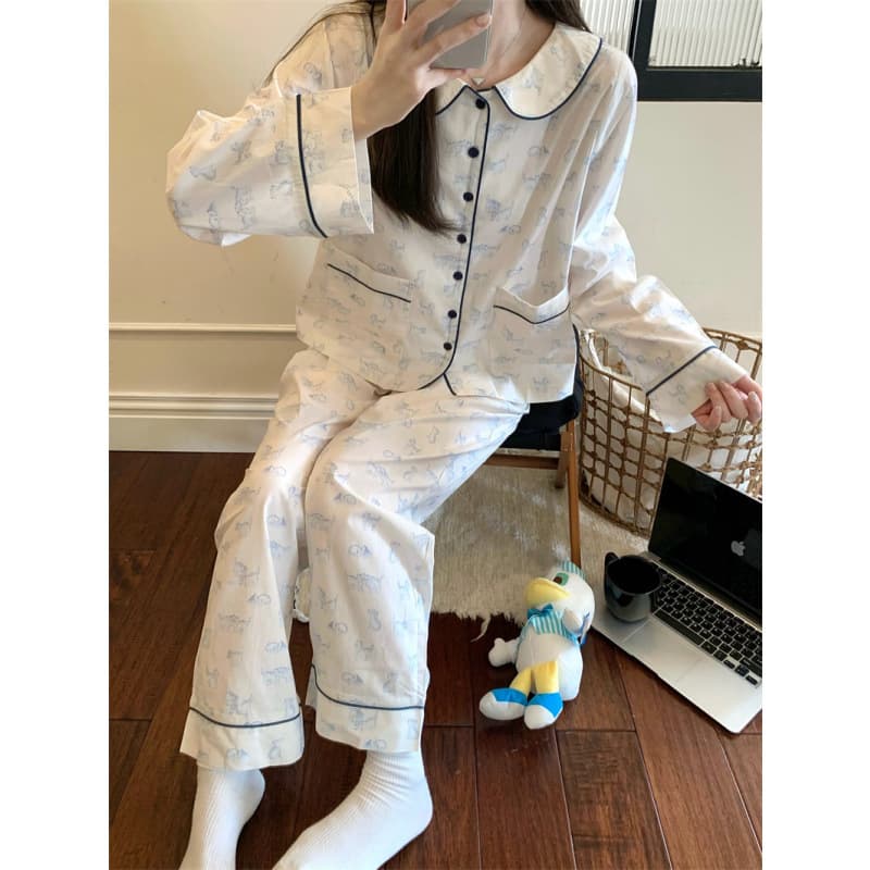 2025 Elegant Cat Simple Cardigan Doll Collar Home Clothes Pajamas Set