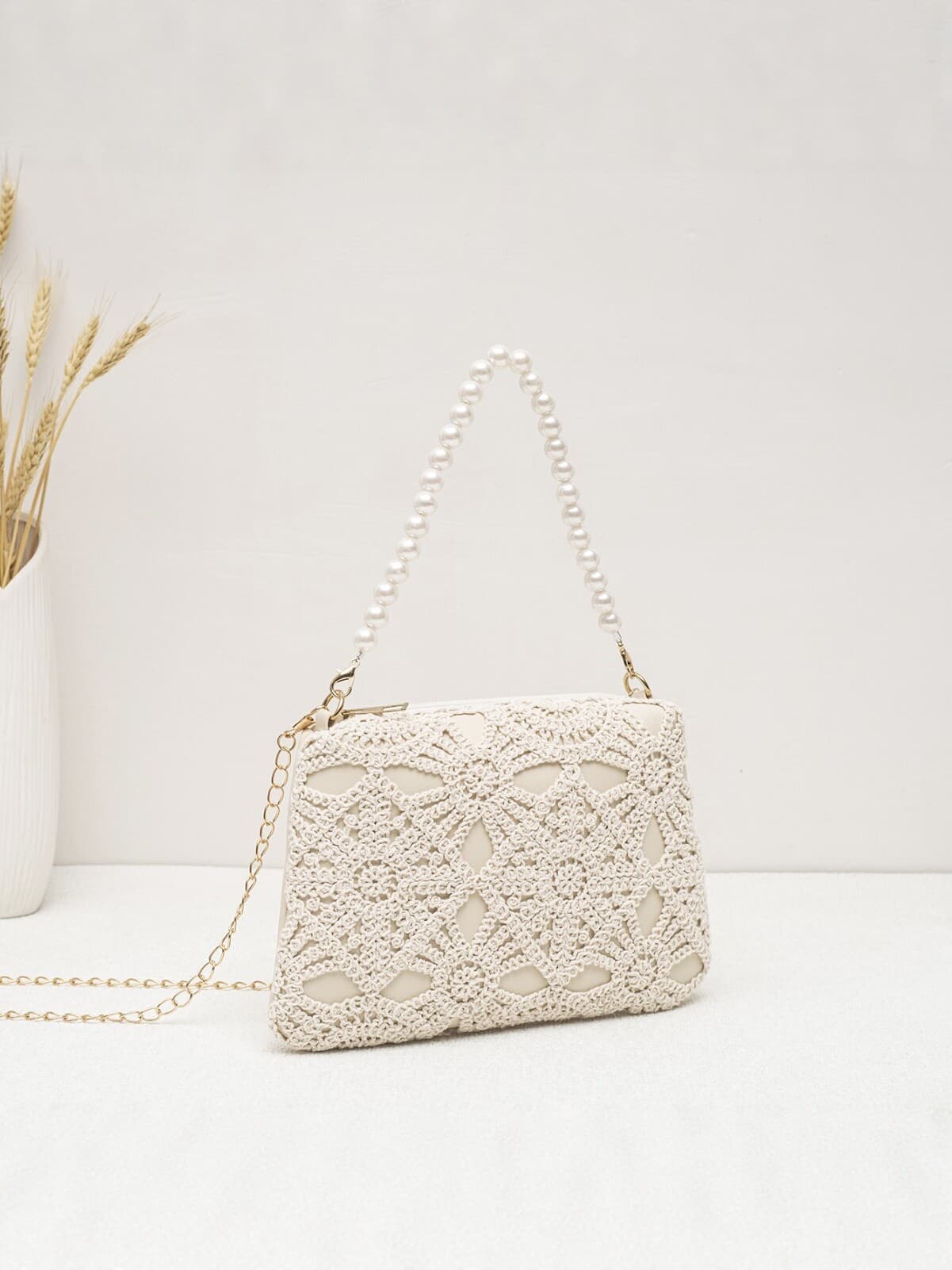 Cross-Border Lace Crochet Hollow Women's Bag, Shoulder Crossbody Bag with Pearl Chain, Small Square Bag, Fashionable Versatile Woven Bag